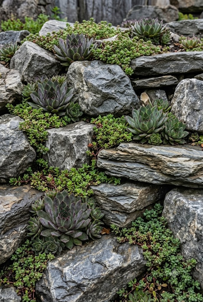 alpine style rock garden courtyard with layered stones and ground cover