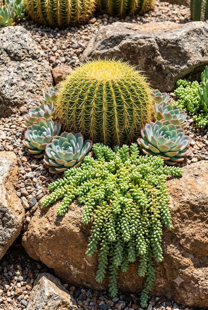 cactus and succulent desert garden combination planted among gravel and rock