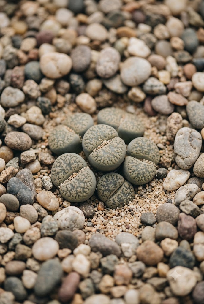 lithops living stones succulents camouflaged among small pebbles and sand