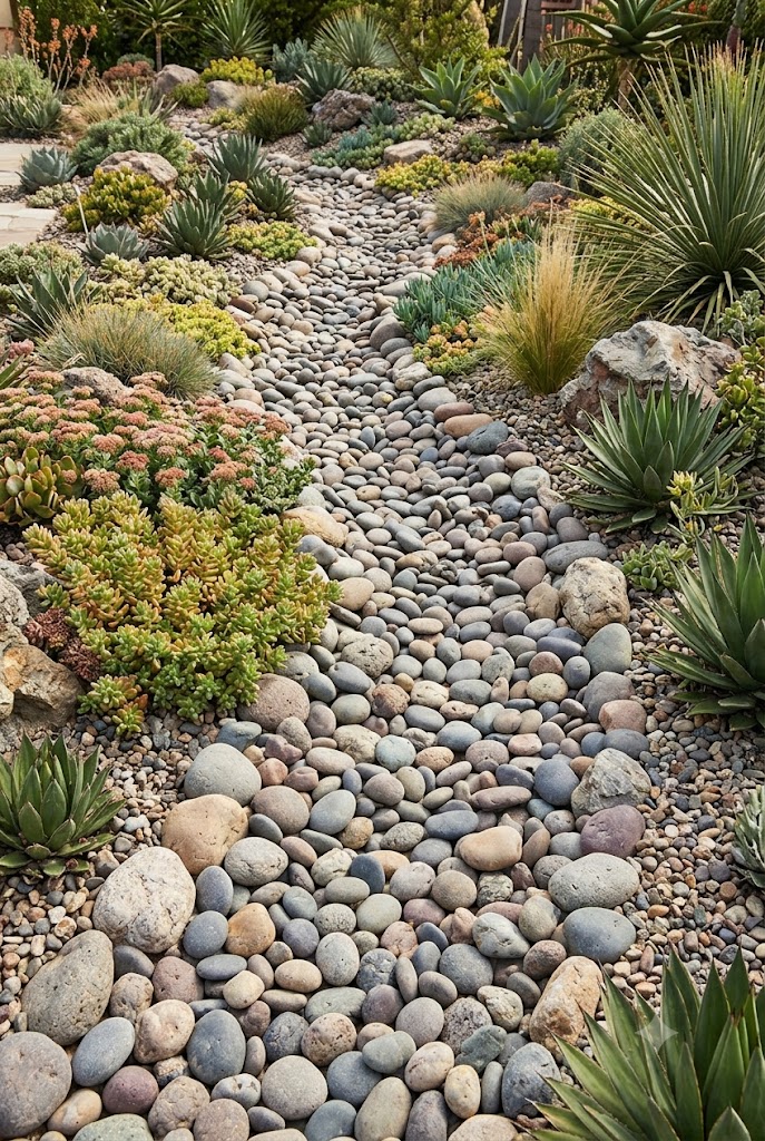 gray rock formation styled as a dry creek bed feature in a garden landscape
