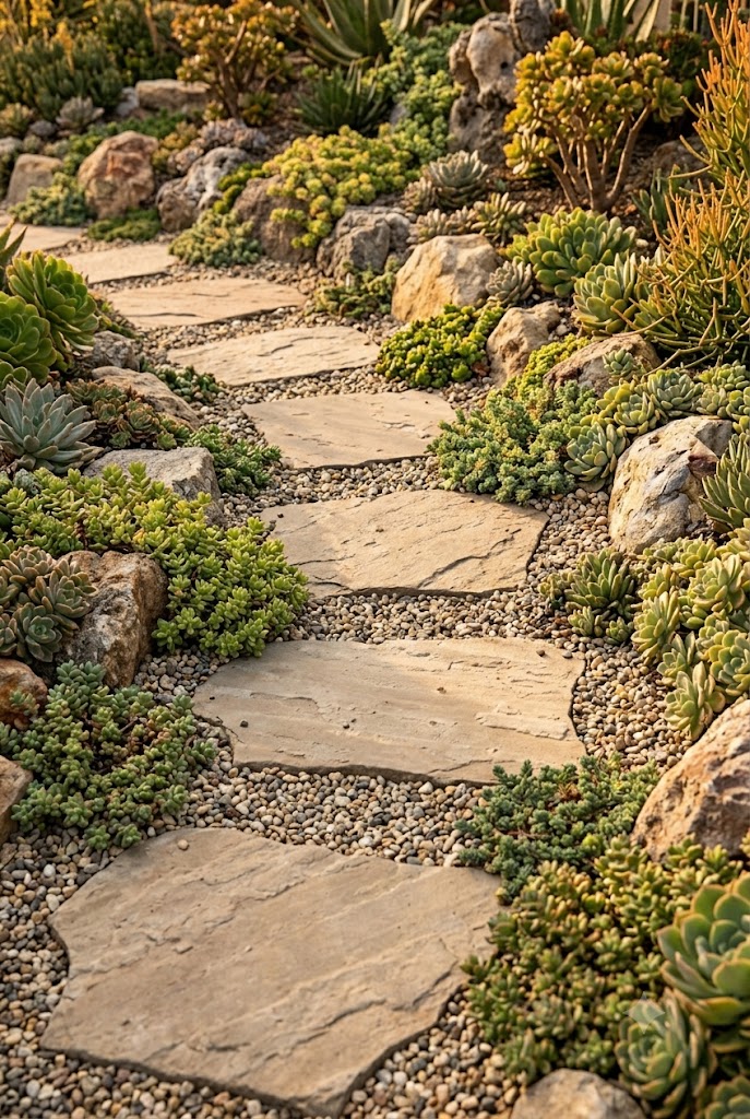 stepping stone pathway through a rock and succulent garden landscape