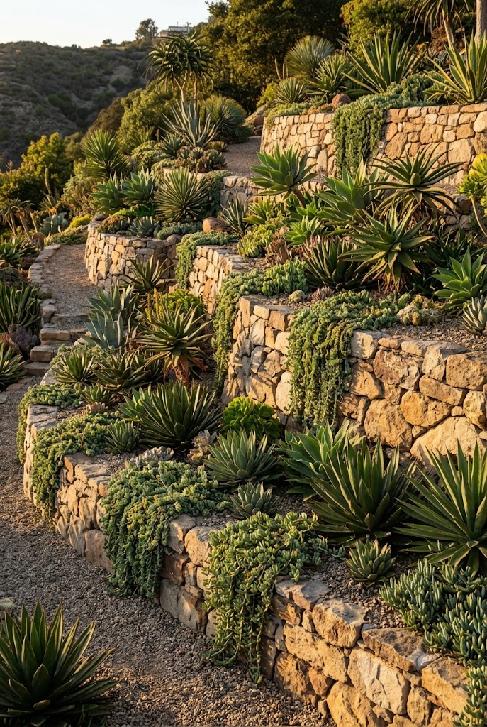succulent rock garden planted along a sloped hillside landscape