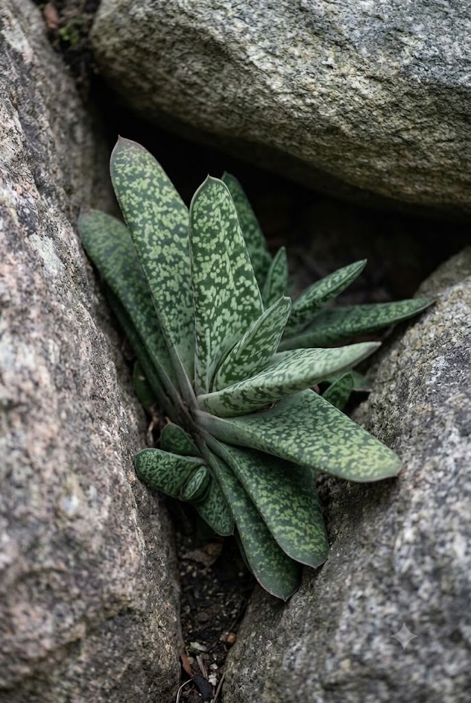 gasteria succulent with mottled tongue-shaped leaves in a shaded rock garden pocket