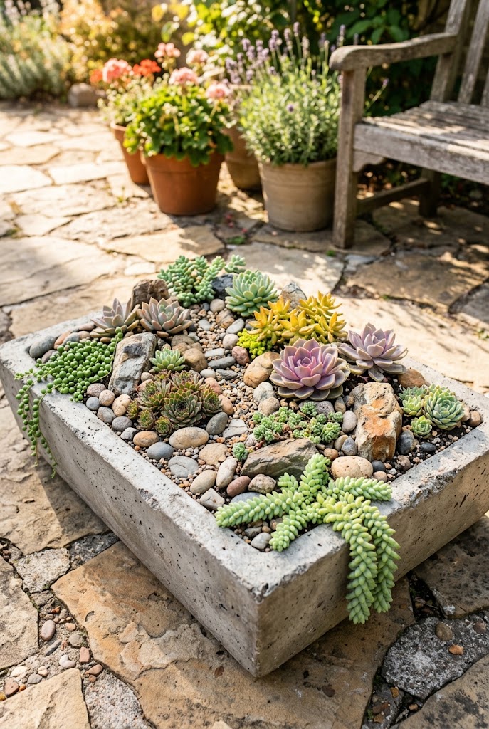 container rock garden with succulents and small stones on a sunny patio