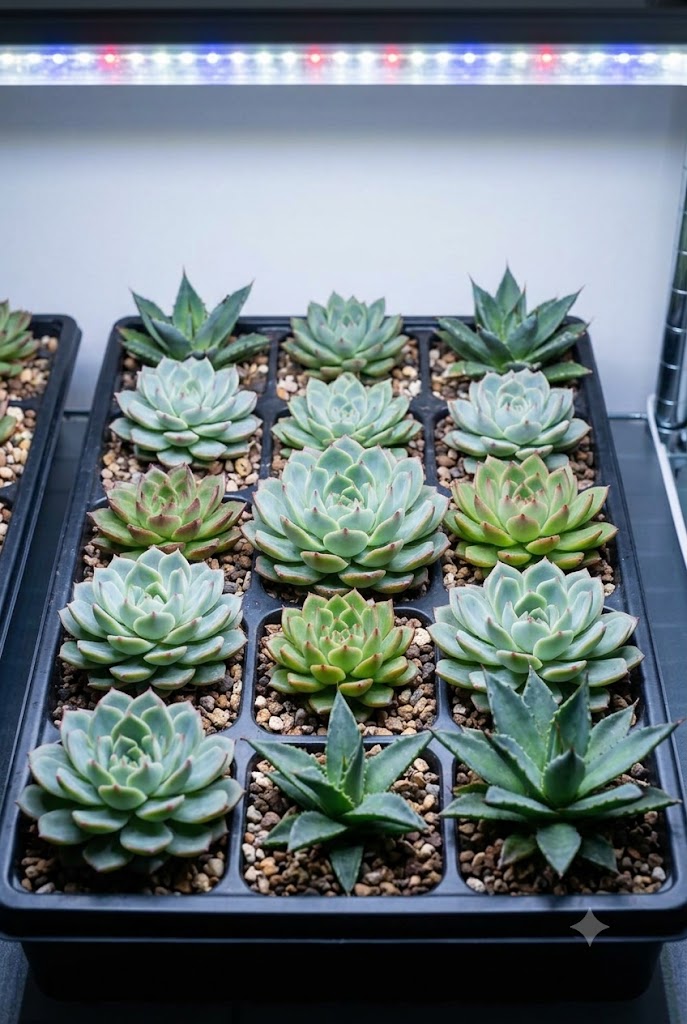 succulents growing under an indoor LED grow light during winter storage