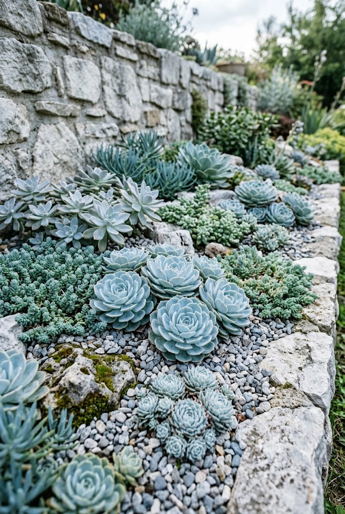 cool blue and silver echeveria color palette in a rock garden