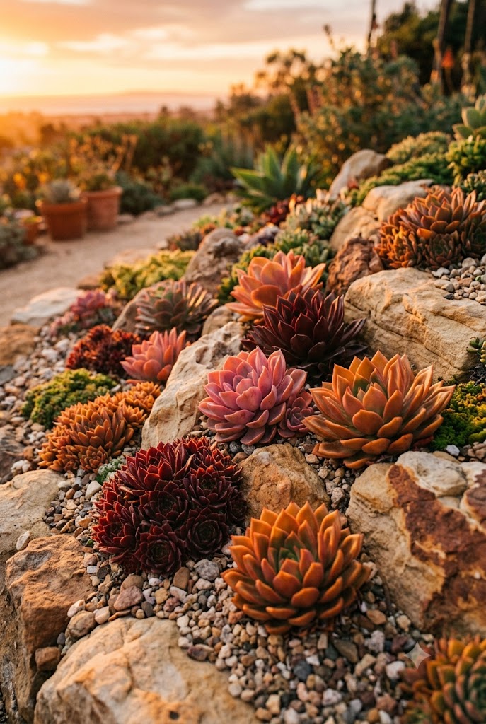 warm sunset color palette with coral and burgundy succulents among rocks