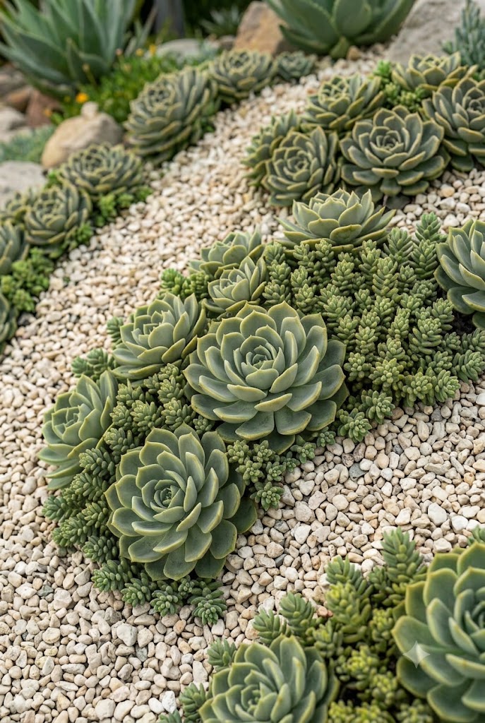 green and textural succulent rock garden with layered leaf shapes