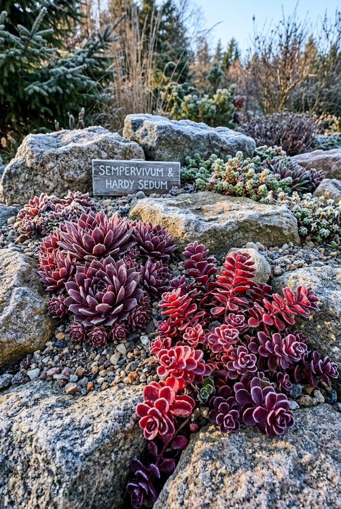 cold hardy sempervivum and sedum succulents in a freeze-tolerant rock garden
