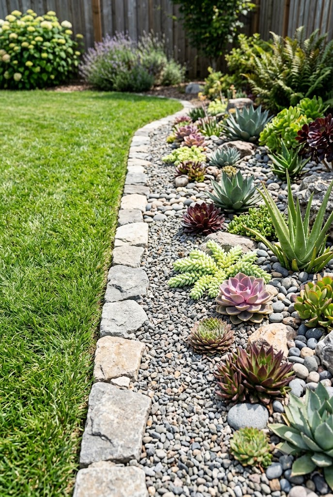 stone border edging defining the perimeter of a rock garden bed