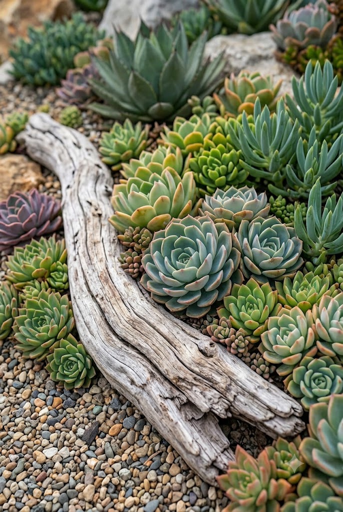 driftwood and natural found stone accents in a coastal style rock garden