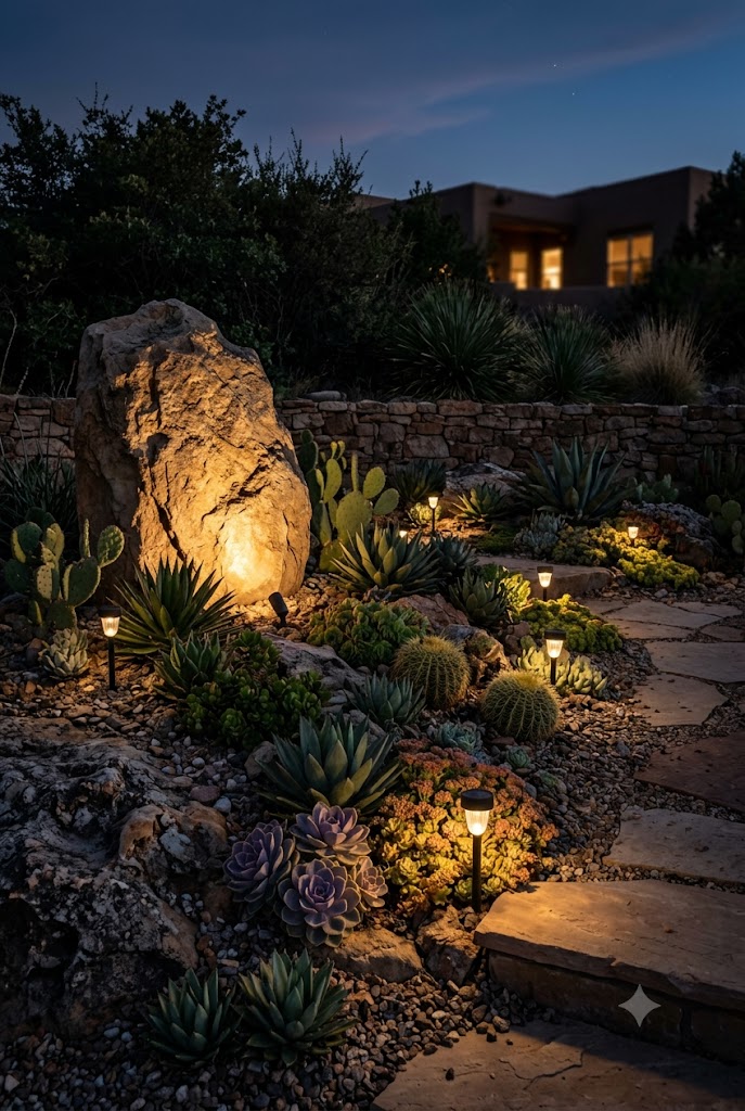 garden lighting illuminating a rock garden landscape at night