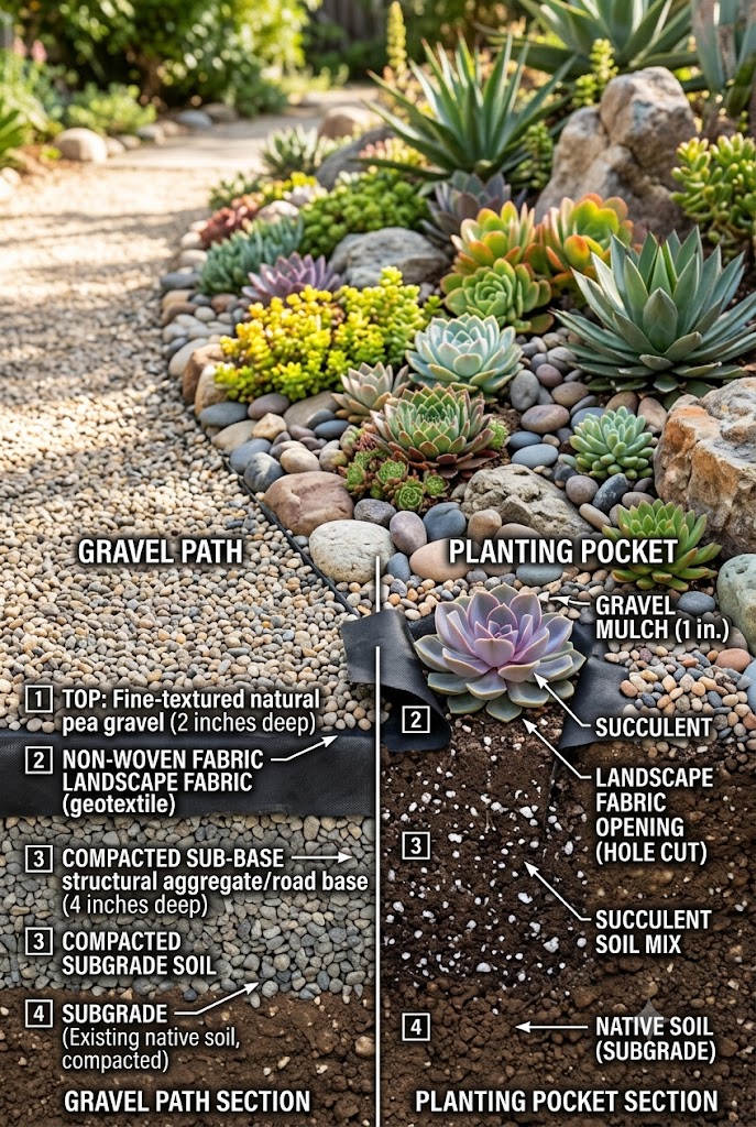 gravel path over landscape fabric beside a planted rock garden bed