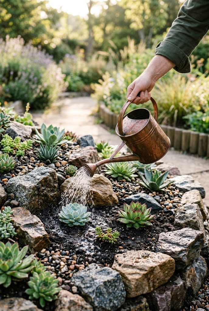 newly planted succulents being watered in a freshly built rock garden bed