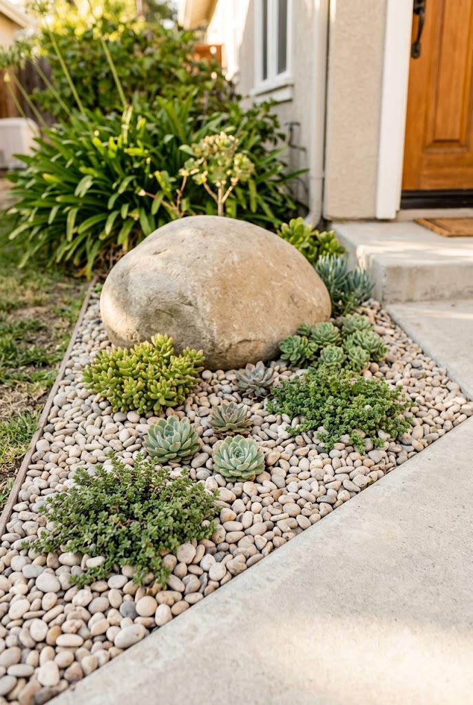 small rock garden bed with succulents beside a front entry walkway