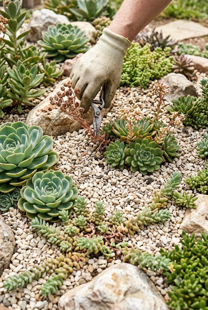 established rock garden showing seasonal succulent growth and gravel maintenance