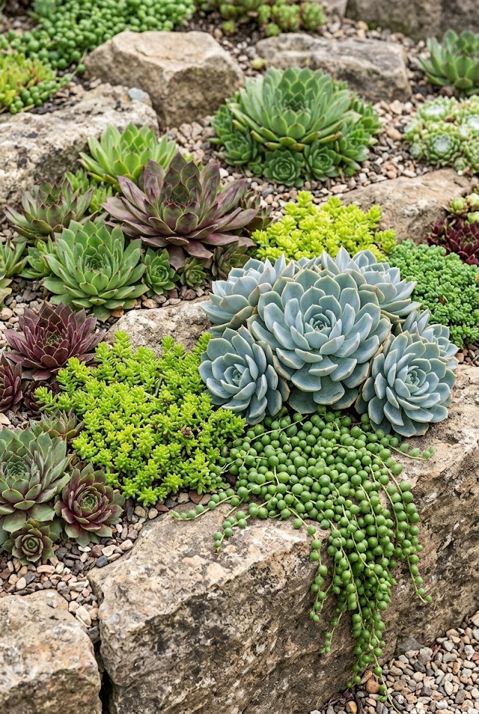 mixed succulent companion planting combination thriving in a rock garden