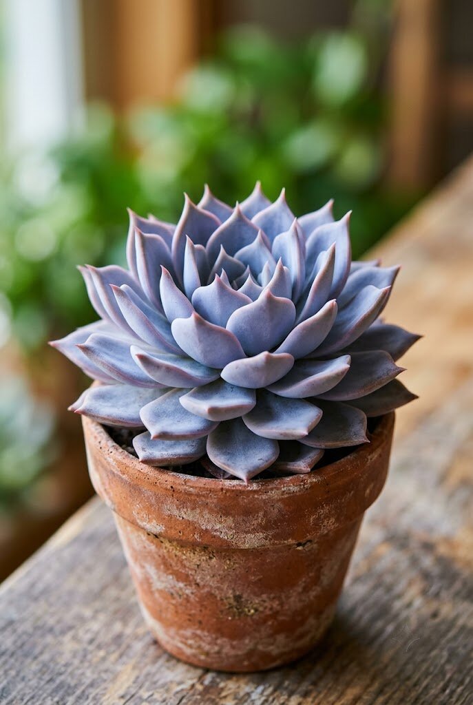 close-up of colorful Echeveria rosettes in various shades of pink, blue, and purple in a terracotta pot