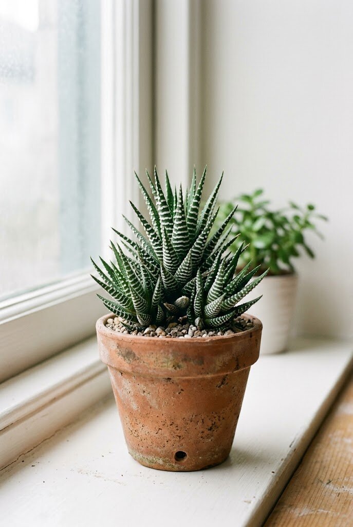 Haworthia succulent with white-striped pointed leaves in a small terracotta pot on a windowsill