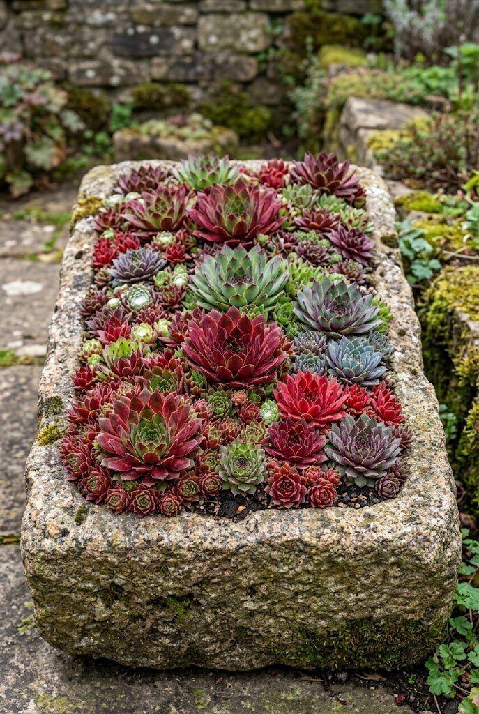 Sempervivum hens and chicks rosettes in red and green tones filling a stone trough planter