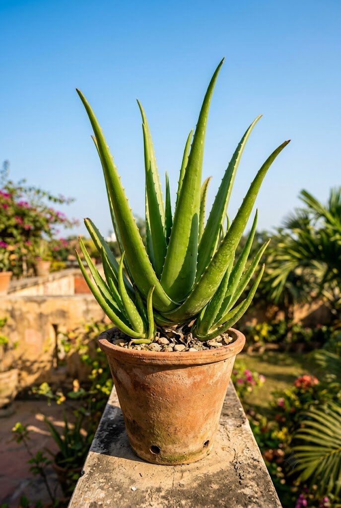healthy Aloe vera plant in a terracotta pot with thick green gel-filled leaves on a sunny patio