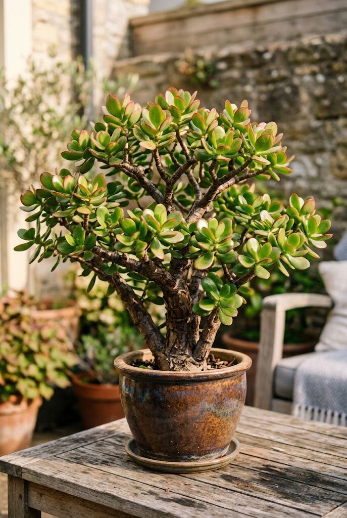 mature Jade Plant in a ceramic pot with glossy green leaves and woody branching stems on a patio table