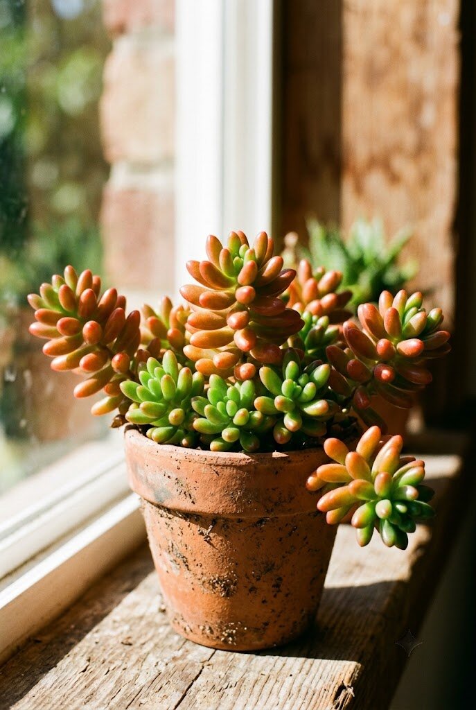 Sedum stonecrop succulent with jelly bean-shaped leaves in orange and green in a small terracotta pot