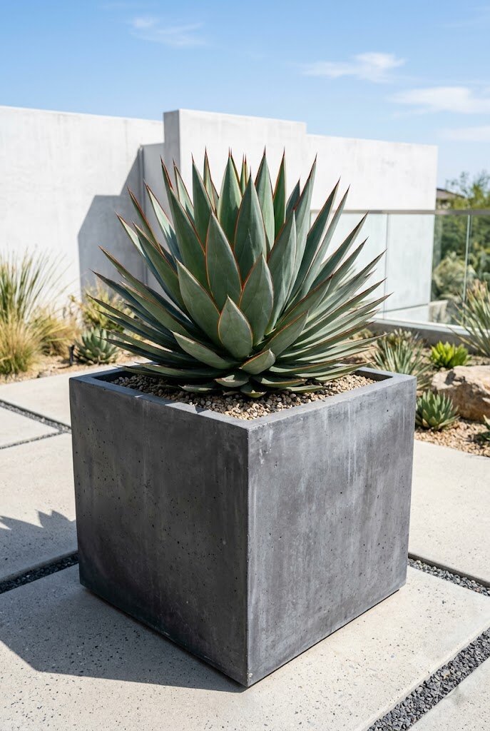 Agave Blue Glow in a large modern concrete planter on a sunny patio with geometric leaf pattern