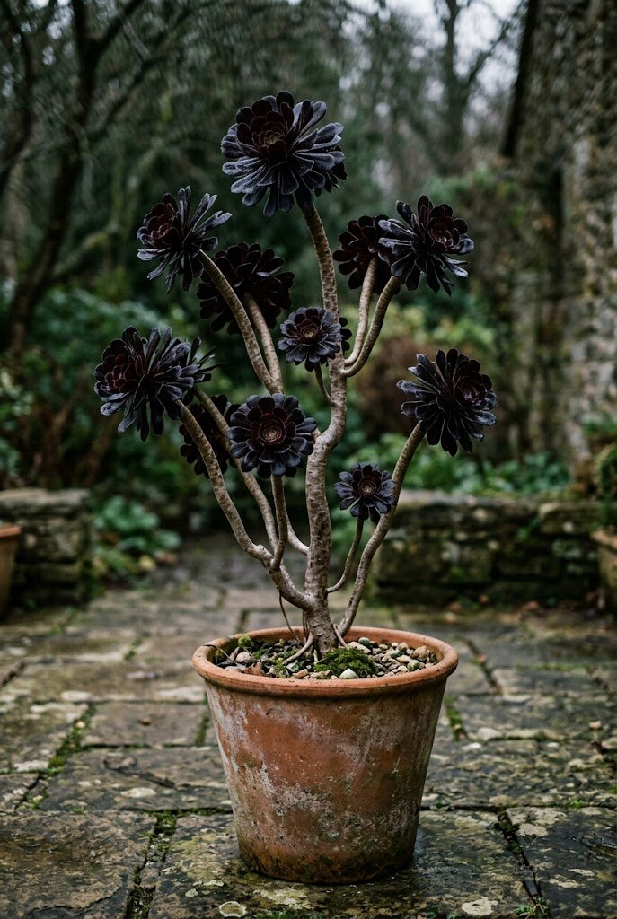 Aeonium Zwartkop dark purple-black rosette succulent in a terracotta pot on a patio in soft winter light