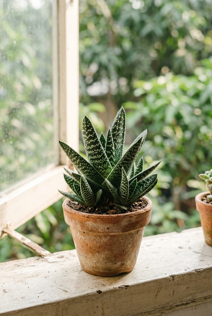 Gasteria succulent with dark green spotted leaves in a small terracotta pot on a windowsill