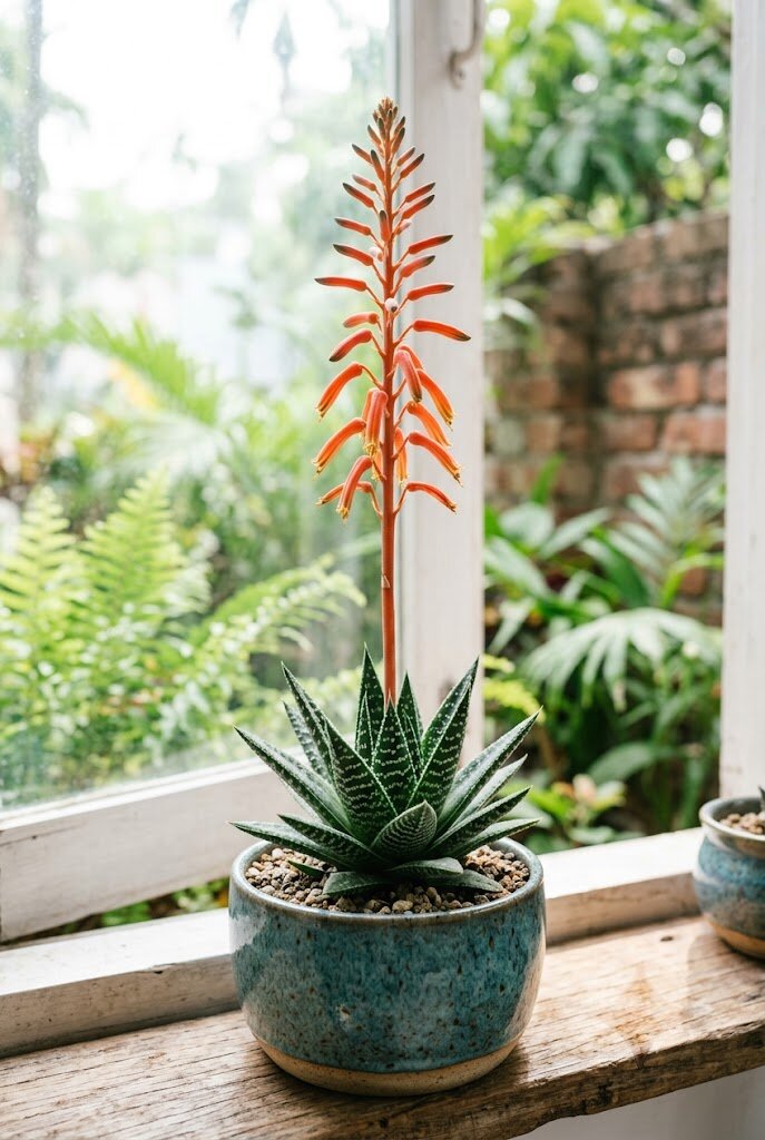 Gasteria banded variety with orange flower spike blooming in a glazed ceramic pot indoors
