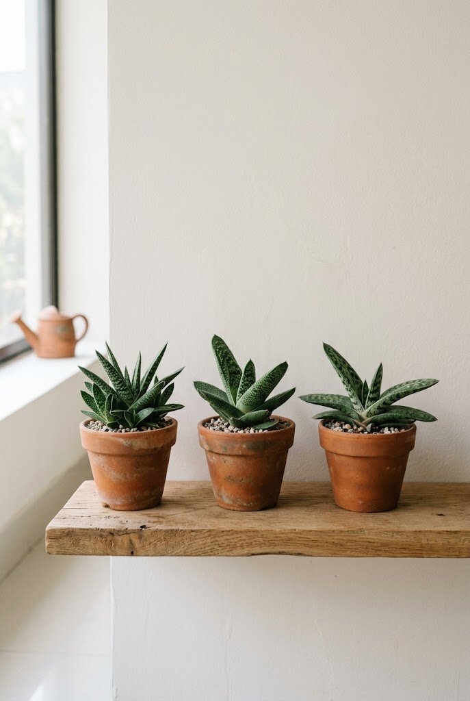 collection of three Gasteria varieties in small pots arranged on a shelf in minimal indoor setting