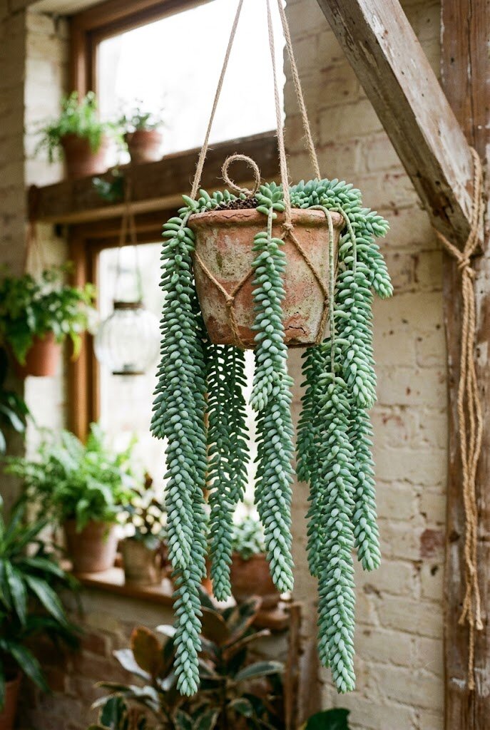 Sedum morganianum Burro Tail trailing succulent hanging in a terracotta pot with long cascading blue-green strands