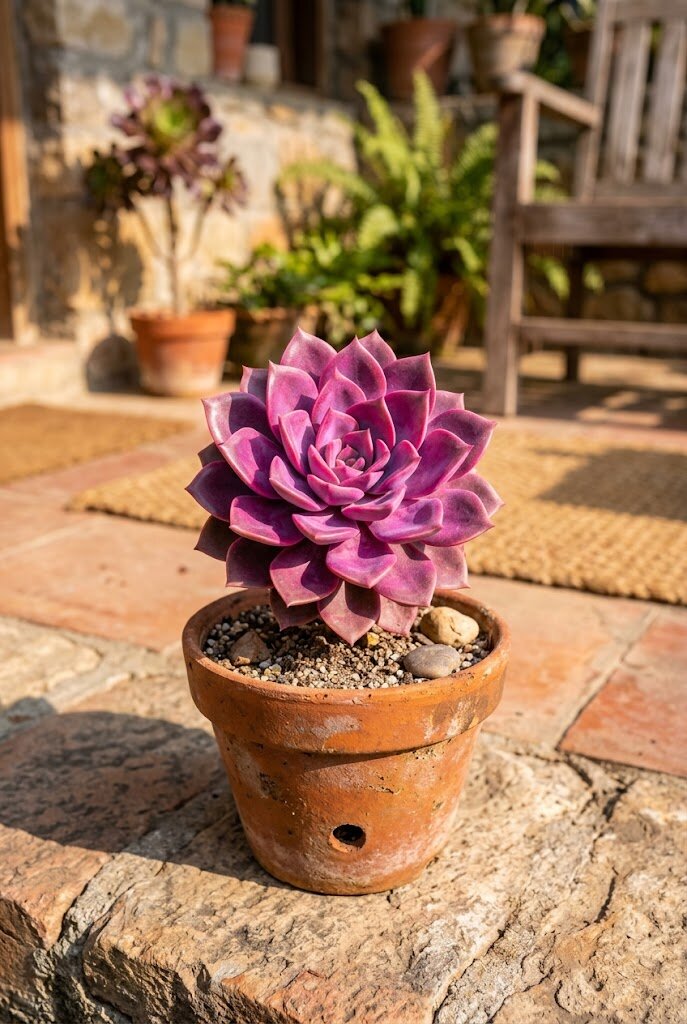 Graptoveria Debbie pink-purple rosette succulent in a terracotta pot with intense stress coloring in morning sun