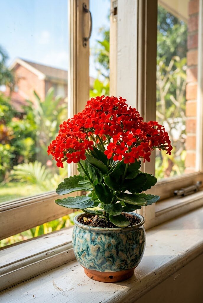 Kalanchoe blossfeldiana with vivid red flowers in a small glazed ceramic indoor pot on a bright windowsill
