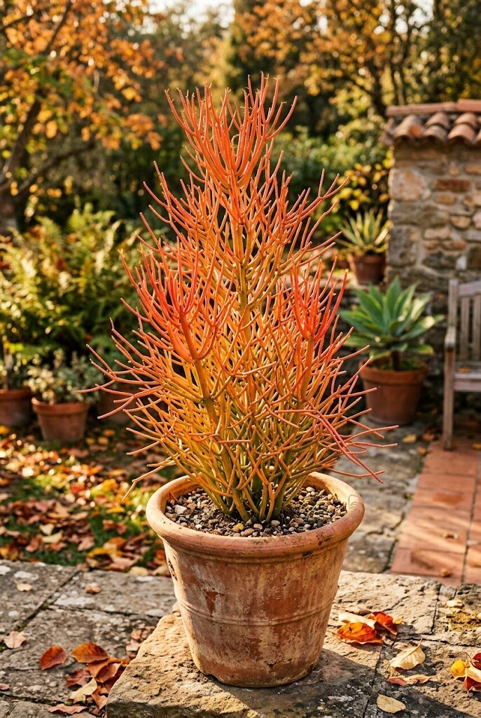 Euphorbia tirucalli Sticks on Fire in a large terracotta pot with vivid orange-red pencil stems in autumn light