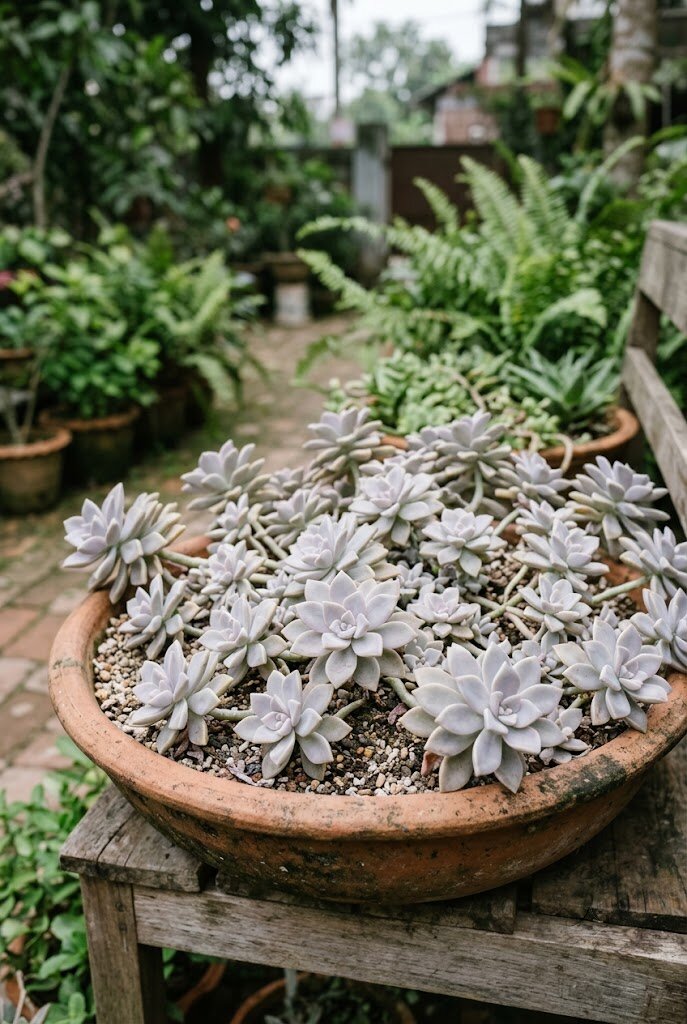 Graptopetalum Ghost Plant with pale lavender-grey rosettes spreading in a wide shallow terracotta dish