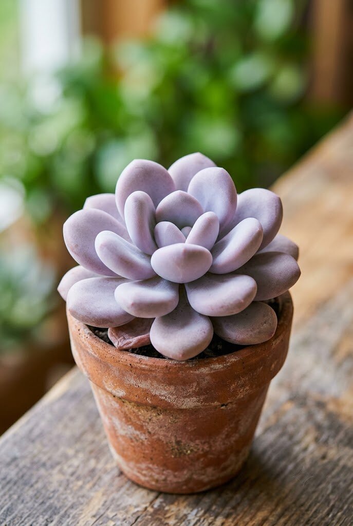 Pachyphytum oviferum Moonstones succulent with rounded lavender-pink eggs leaves and powdery coating in a terracotta pot