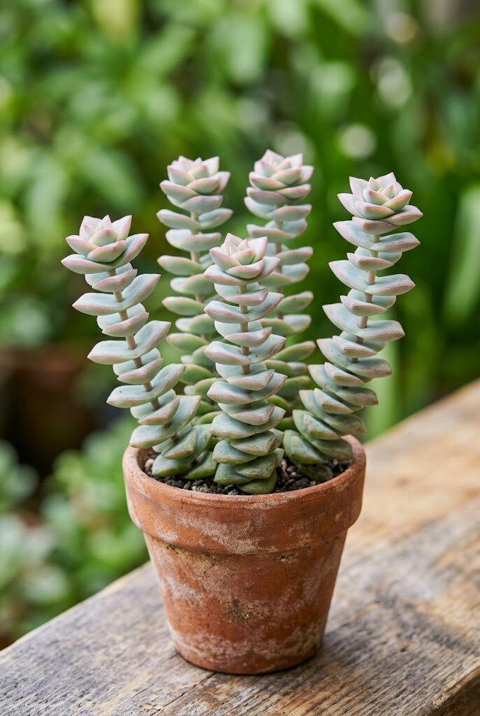 Crassula perforata String of Buttons succulent with stacked geometric blue-green leaves and pink edges in a pot