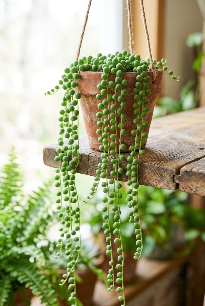 Senecio rowleyanus String of Pearls succulent trailing from a hanging terracotta pot with long bead-like green strands