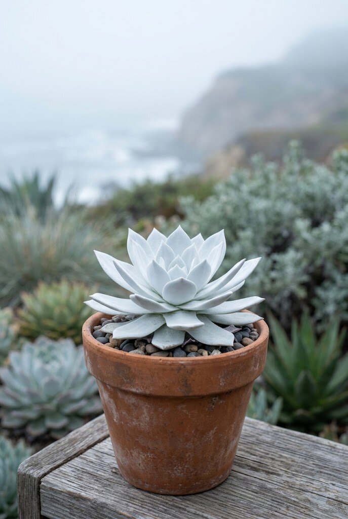 Dudleya chalk succulent with silver-white rosette leaves in a terracotta pot on a coastal garden patio