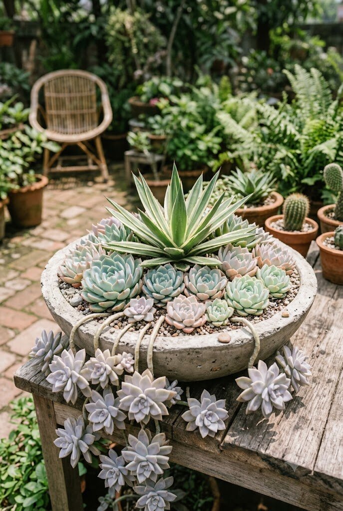 mixed succulent arrangement in a wide shallow concrete bowl with Echeveria, Sempervivum, and trailing Sedum