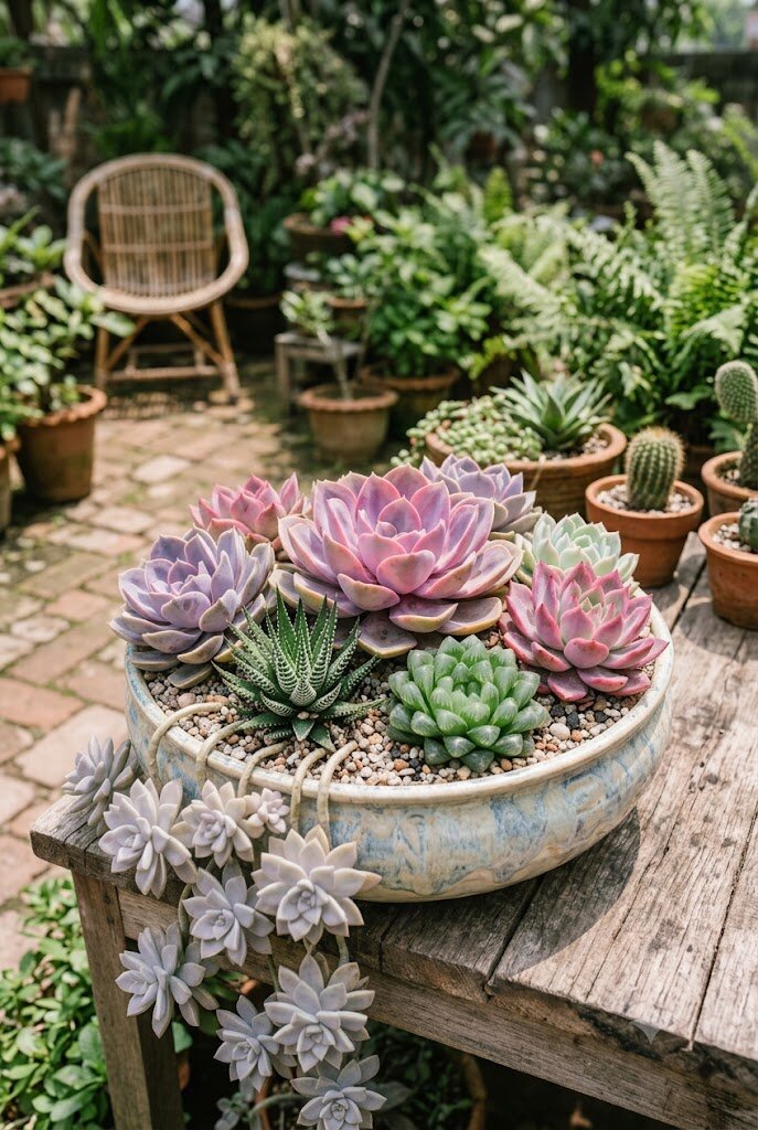 colorful succulent bowl arrangement with pink and purple Echeveria rosettes and green Haworthia on a patio table