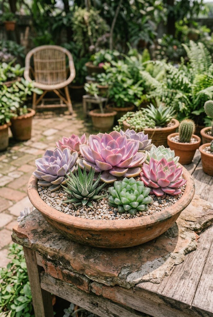 succulent bowl arrangement with gravel top-dressing and mixed varieties in terracotta on a sunny garden step