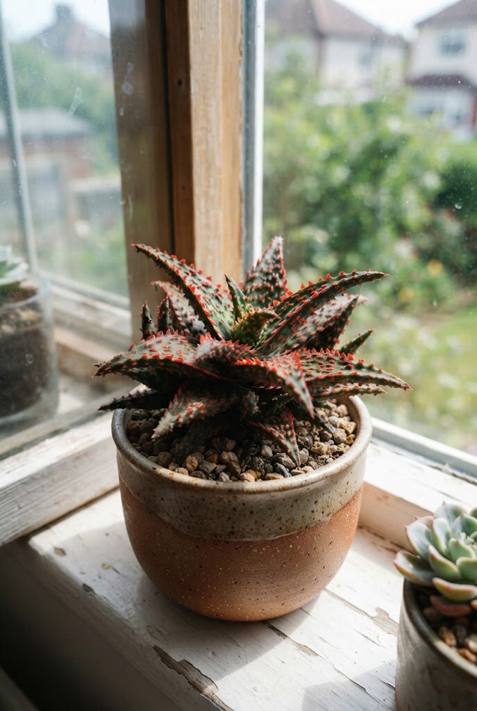 Aloe Christmas Carol compact hybrid with dark green red-toothed leaves in a small ceramic indoor pot
