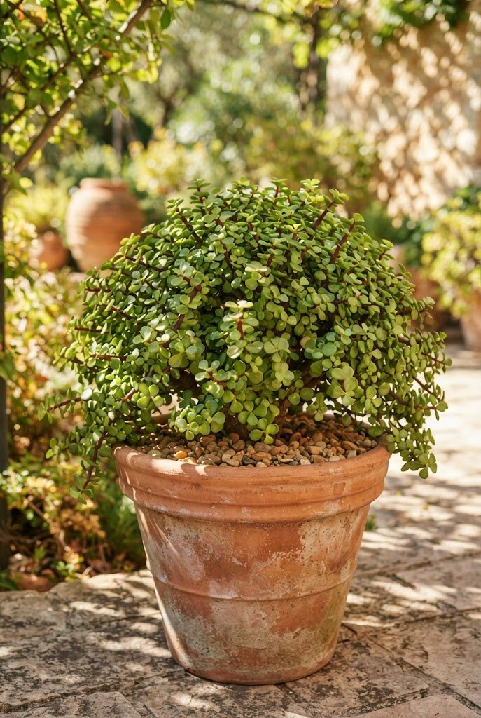 Portulacaria afra Elephant Bush with small round green leaves on burgundy stems in a large outdoor terracotta planter