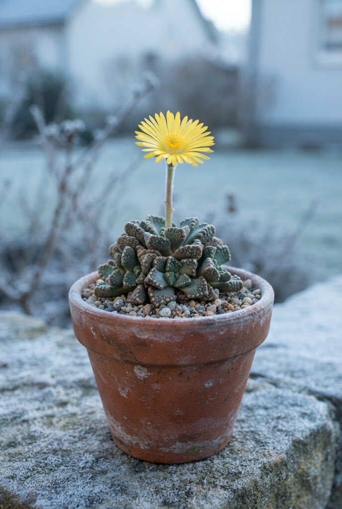 Aloinopsis succulent with fat textured leaves and yellow daisy-like flowers blooming in a small terracotta pot in winter