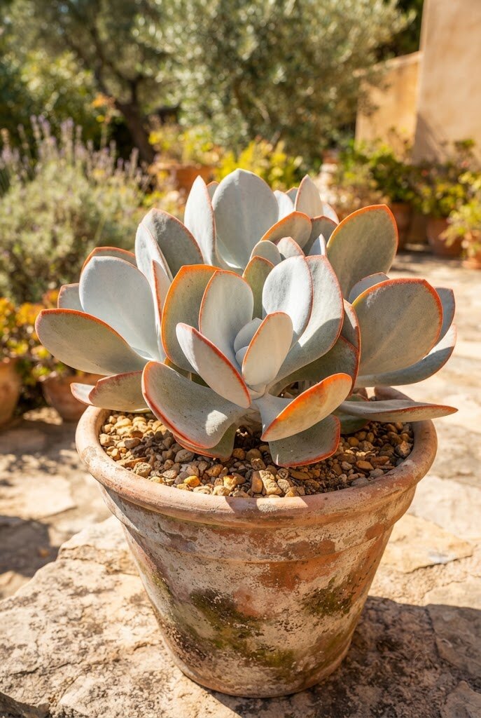 Cotyledon orbiculata Pig's Ear succulent with large silvery-grey paddle leaves and red edges in a large outdoor pot