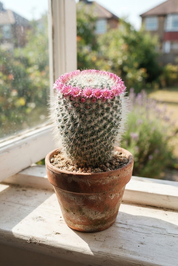 Mammillaria pincushion cactus with pink flower crown in a small terracotta pot on a sunny windowsill