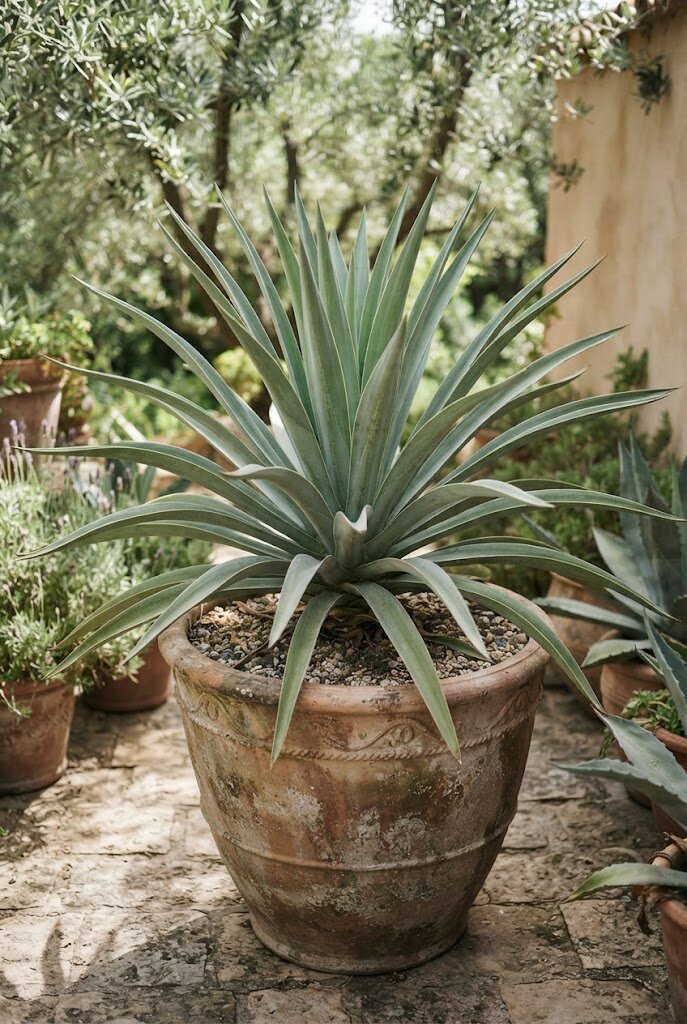 Beschorneria yuccoides large dramatic succulent with arching grey-green leaves in a big outdoor planter on a patio
